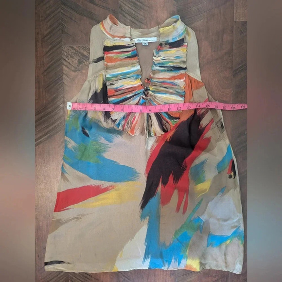 Blue Tassel Tan Silk Blouse, US XS - Picture 4 of 6